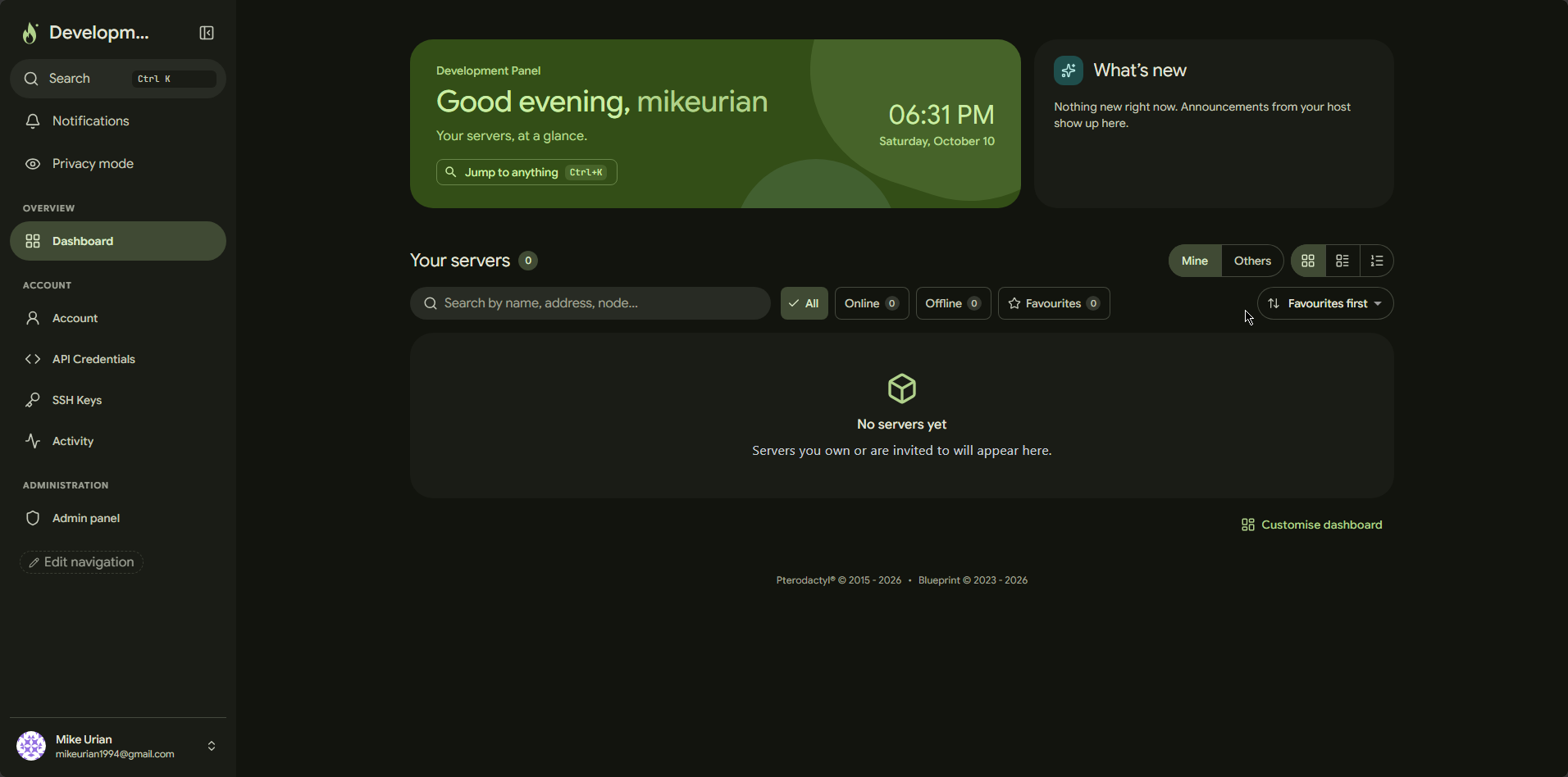 MaterialUI for Pterodactyl — dark green server dashboard theme preview